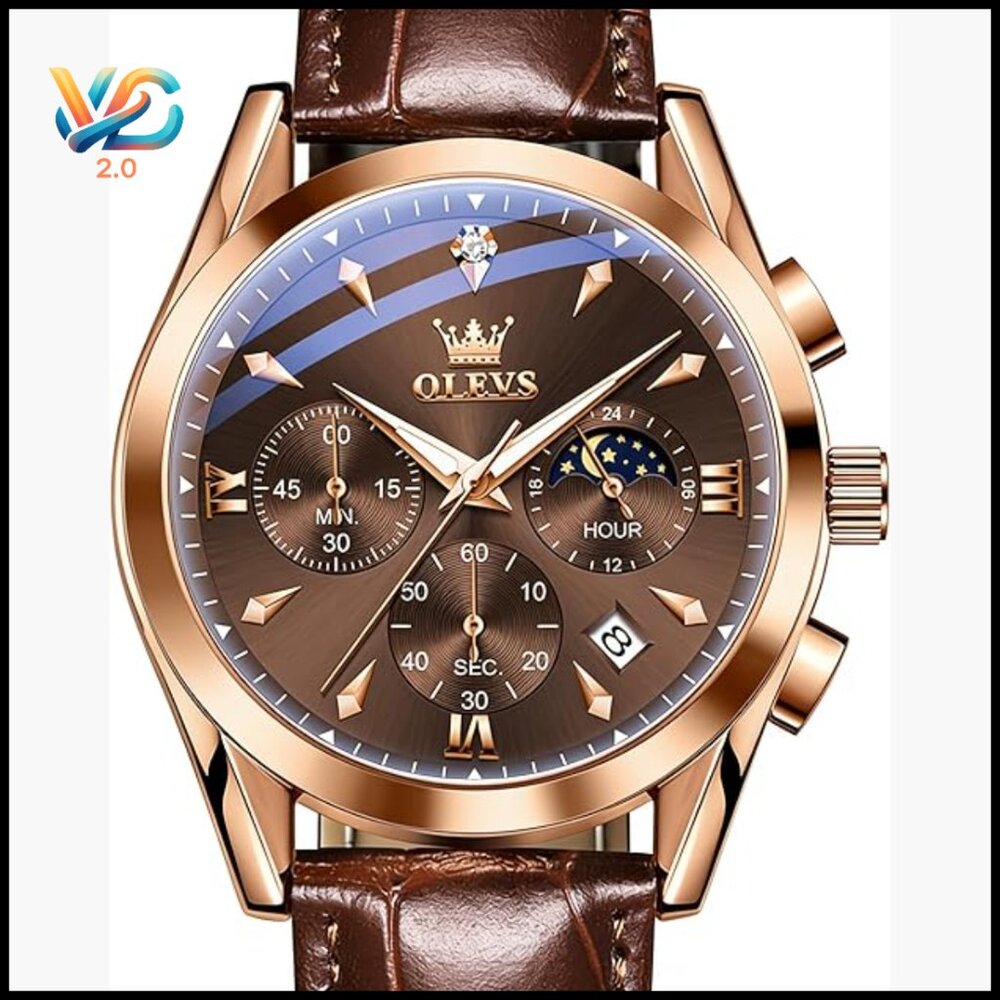 Men's Luxury Leather Strap Quartz Watch With Moon Phase Waterproof Dress